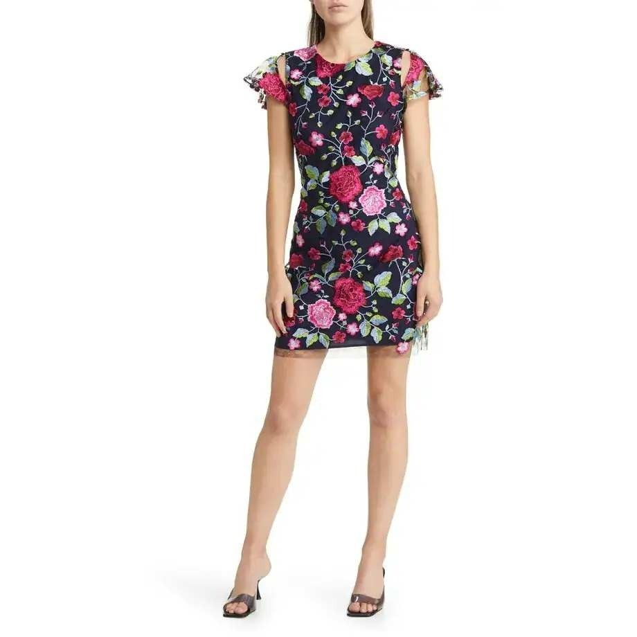 Sam Edelman Queenberry Pink Floral Embroidered Mesh Cold Shoulder Shift Dress 10